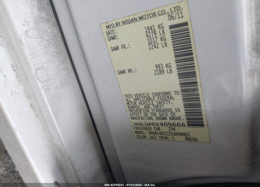 2012 NISSAN ALTIMA VIN: 1N4AL2AP4CN409666
