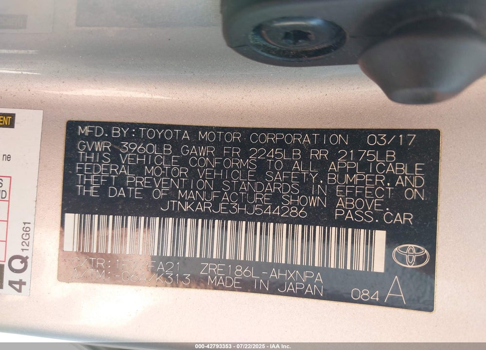 2017 TOYOTA COROLLA VIN: JTNKARJE3HJ544286