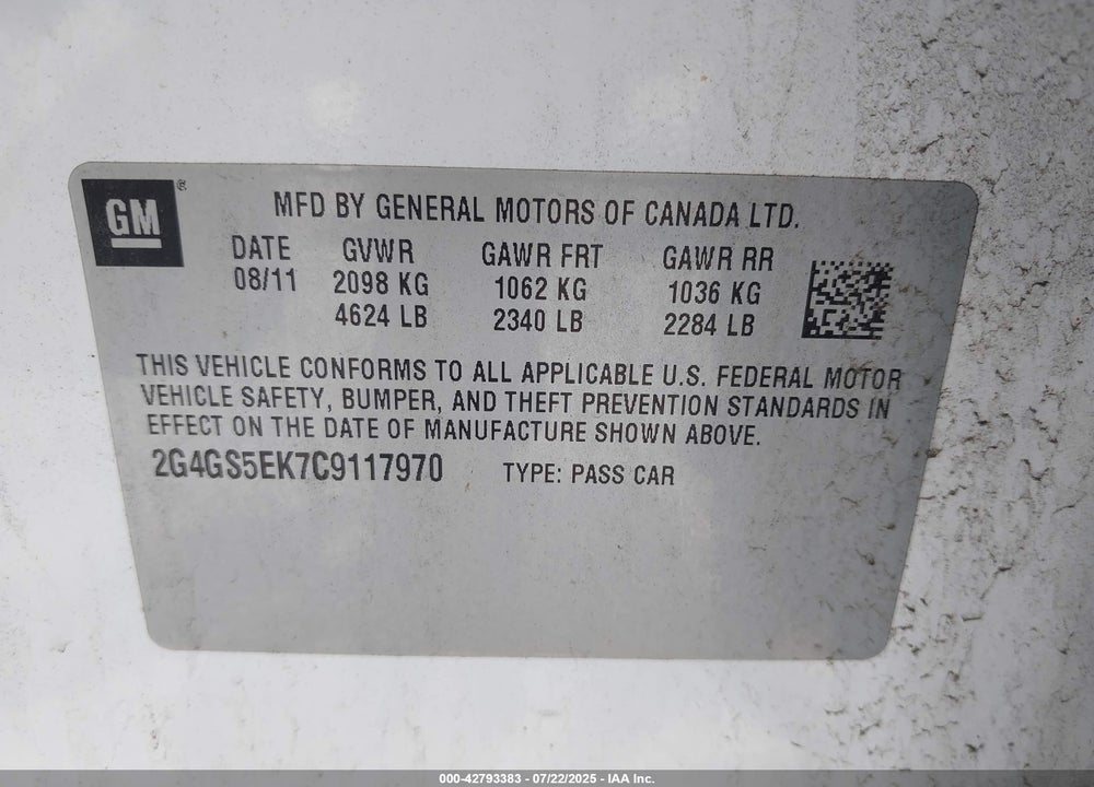 2012 BUICK REGAL VIN: 2G4GS5EK7C9117970