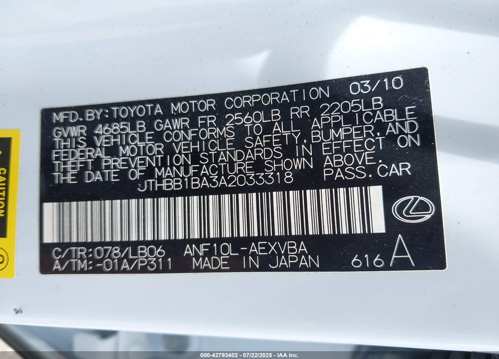 2010 LEXUS HS250H VIN: JTHBB1BA3A2033318