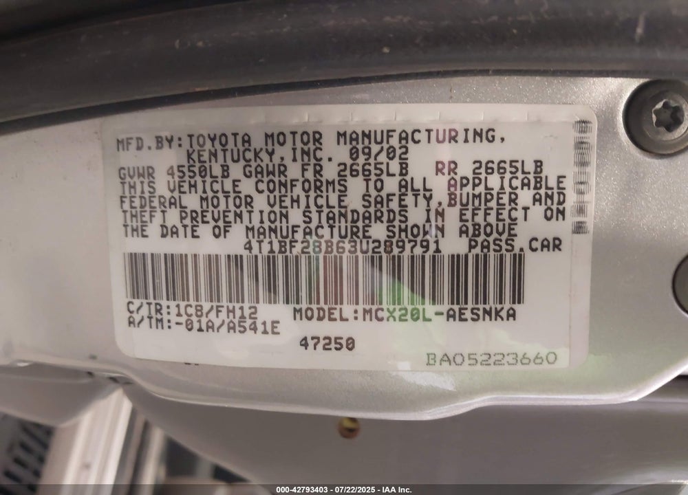 2003 TOYOTA AVALON XL VIN: 4T1BF28B63U289791