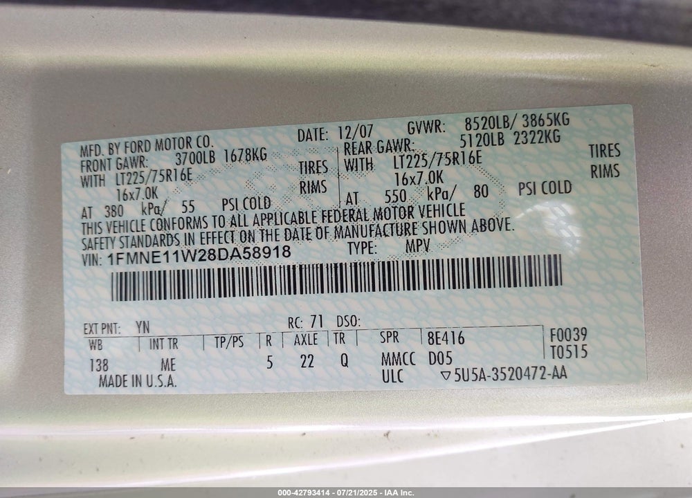 2008 FORD E-150 XL/XLT VIN: 1FMNE11W28DA58918