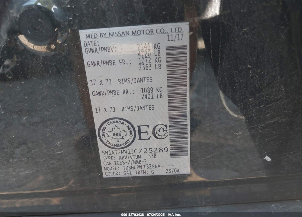 2018 NISSAN ROGUE VIN: 5N1AT2MV1JC725289
