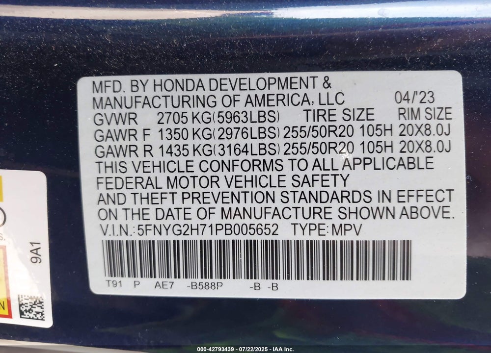2023 HONDA PILOT VIN: 5FNYG2H71PB005652