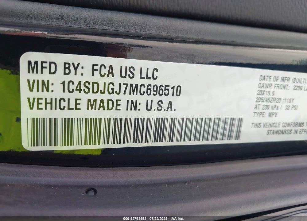 2021 DODGE DURANGO VIN: 1C4SDJGJ7MC696510