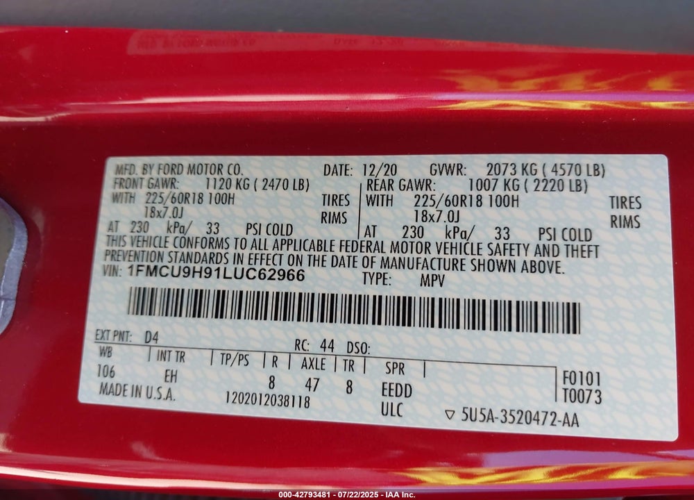2020 FORD ESCAPE VIN: 1FMCU9H91LUC62966