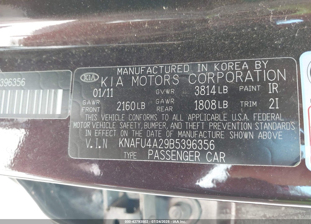 2011 KIA FORTE VIN: KNAFU4A29B5396356