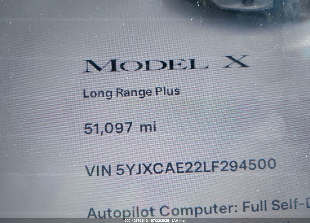 2020 TESLA MODEL X VIN: 5YJXCAE22LF294500