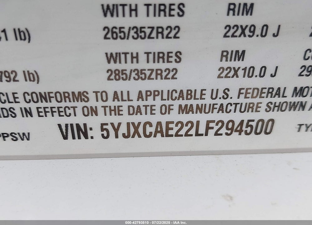 2020 TESLA MODEL X VIN: 5YJXCAE22LF294500