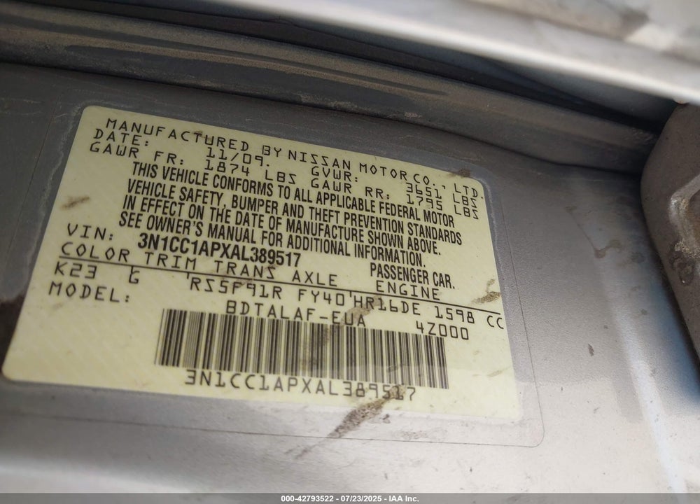 2010 NISSAN VERSA VIN: 3N1CC1APXAL389517