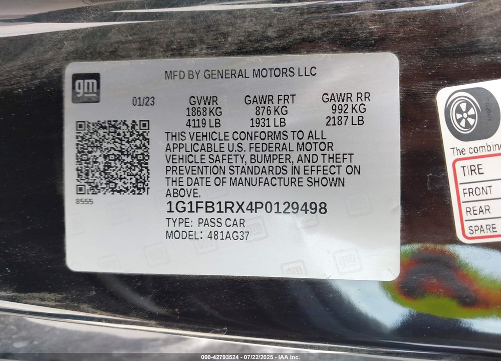 2023 CHEVROLET CAMARO VIN: 1G1FB1RX4P0129498