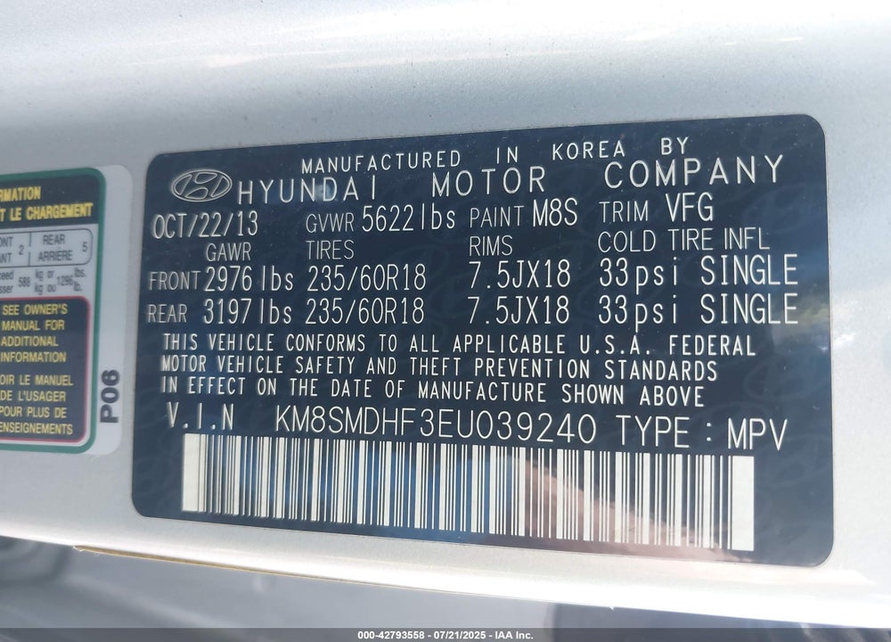 2014 HYUNDAI SANTA FE VIN: KM8SMDHF3EU039240