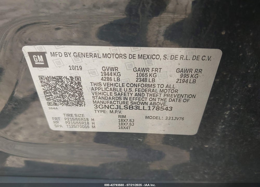 2020 CHEVROLET TRAX VIN: 3GNCJLSB3LL178543