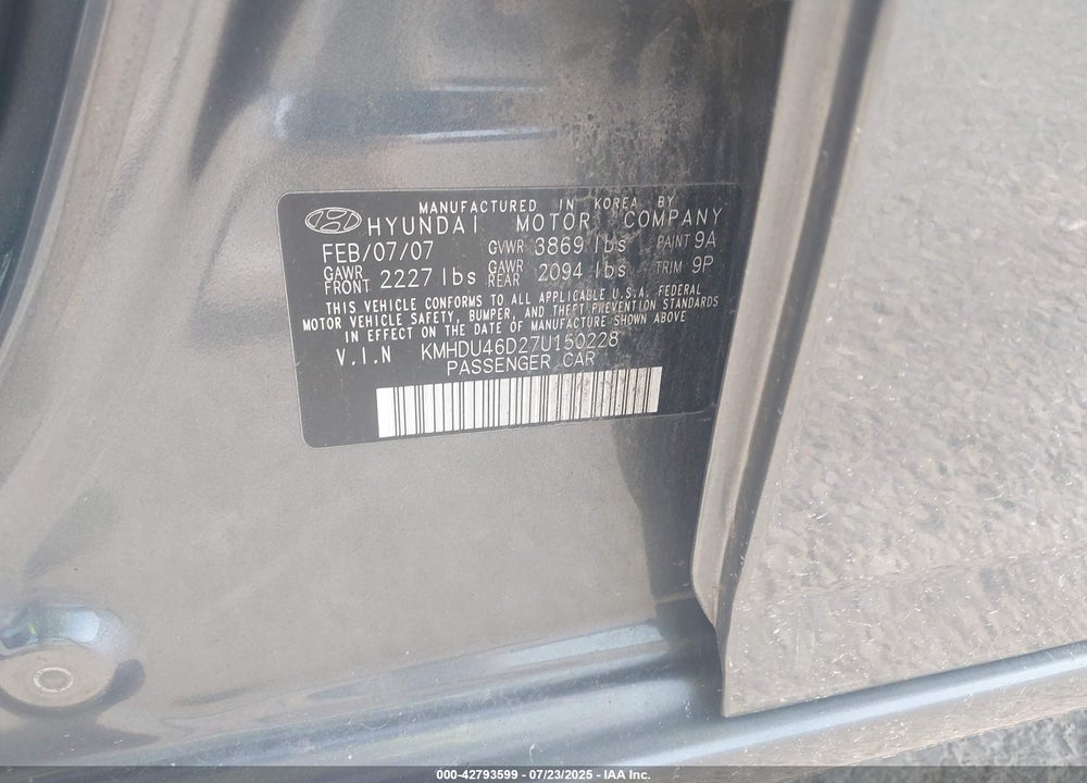 2007 HYUNDAI ELANTRA GLS/LIMITED/SE VIN: KMHDU46D27U150228