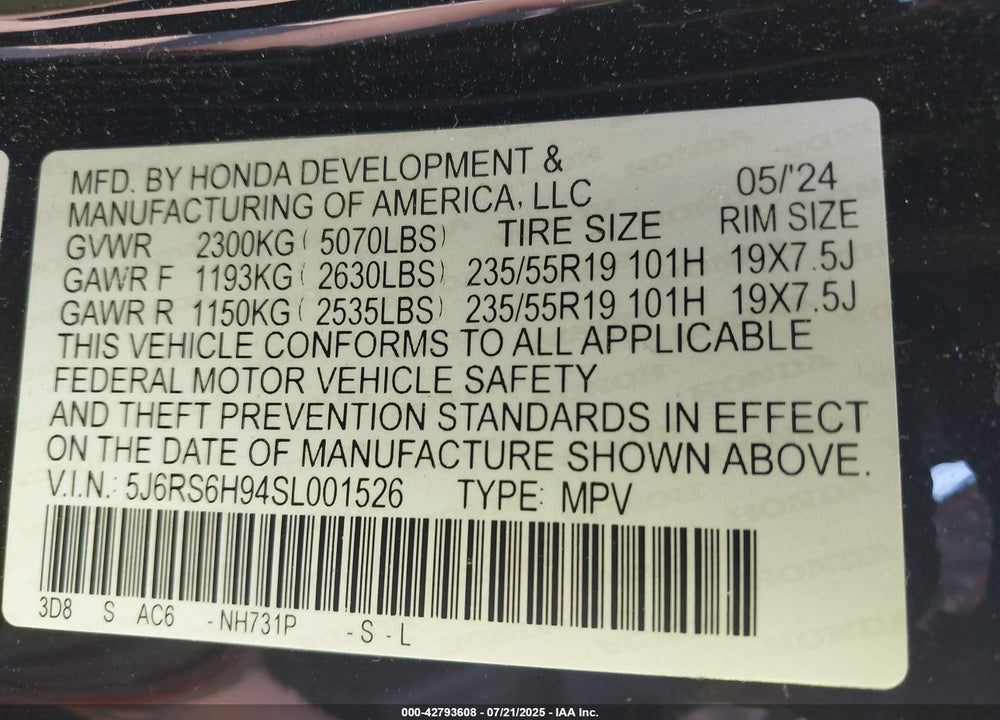 2025 HONDA CR-V HYBRID SPORT TOURING VIN: 5J6RS6H94SL001526