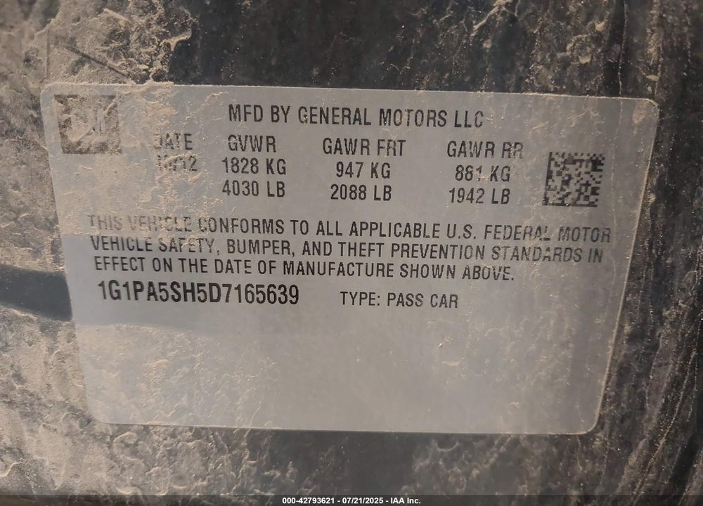 2013 CHEVROLET CRUZE VIN: 1G1PA5SH5D7165639