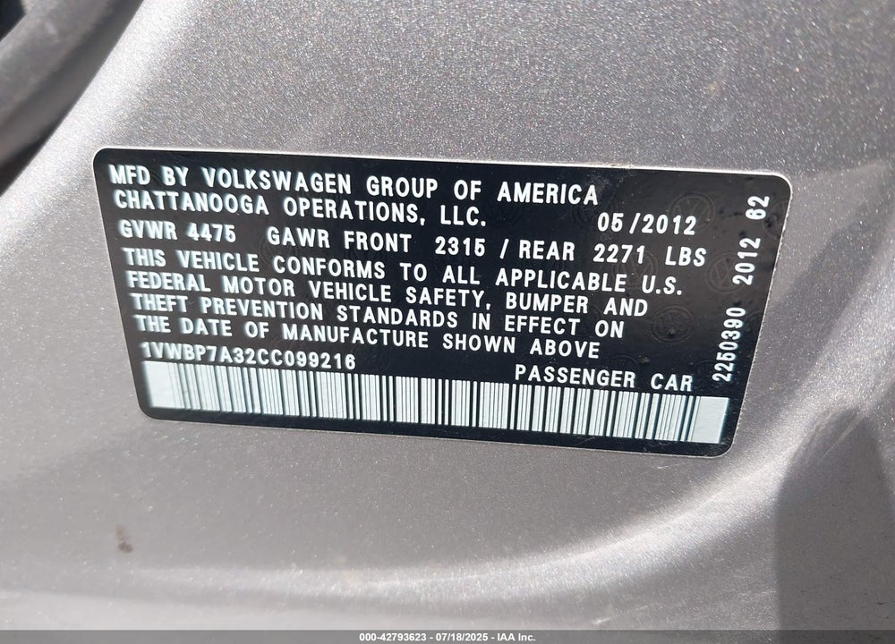 2012 VOLKSWAGEN PASSAT VIN: 1VWBP7A32CC099216