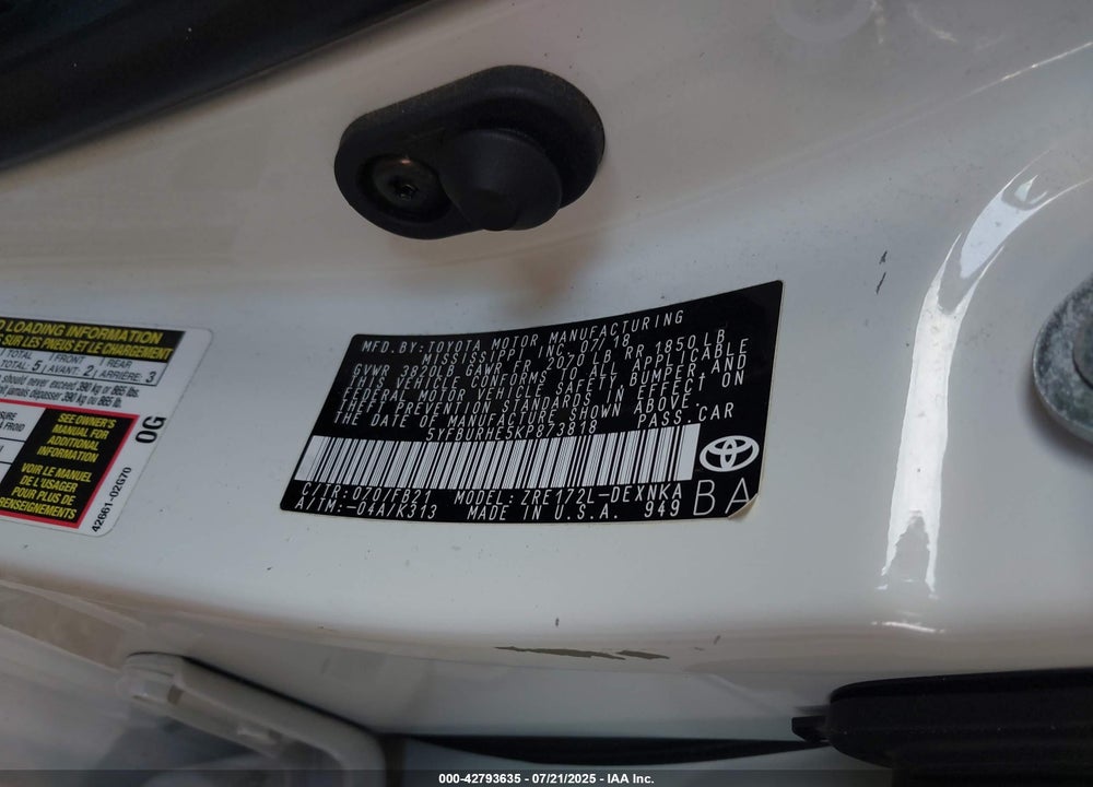 2019 TOYOTA COROLLA VIN: 5YFBURHE5KP873818