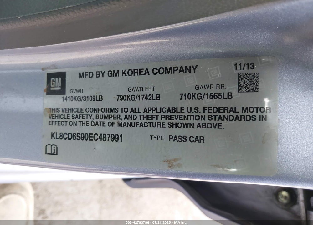2014 CHEVROLET SPARK VIN: KL8CD6S90EC487991