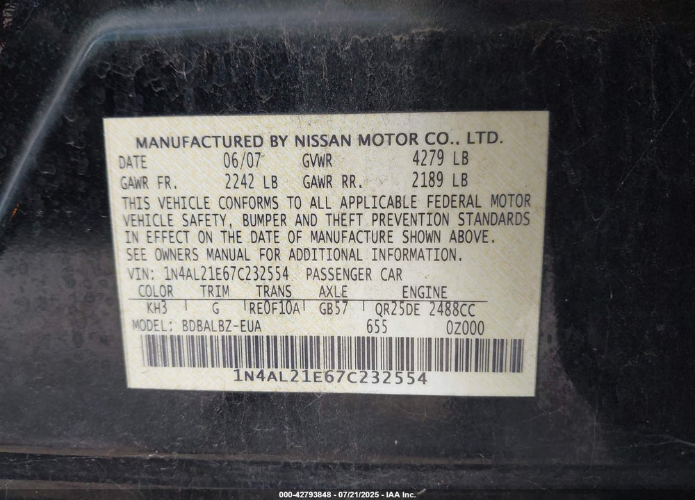 2007 NISSAN ALTIMA VIN: 1N4AL21E67C232554