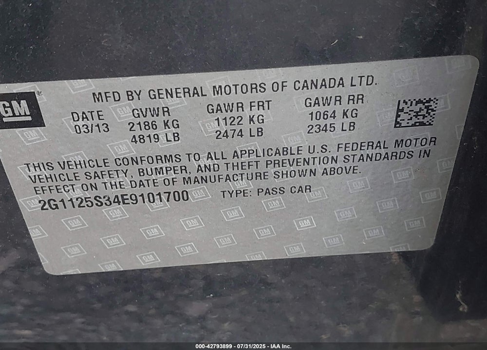 2014 CHEVROLET IMPALA 2LT VIN: 2G1125S34E9101700