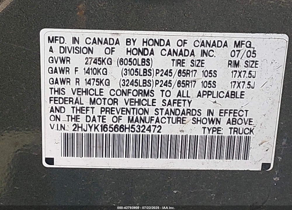 2006 HONDA RIDGELINE RTL VIN: 2HJYK16566H532472