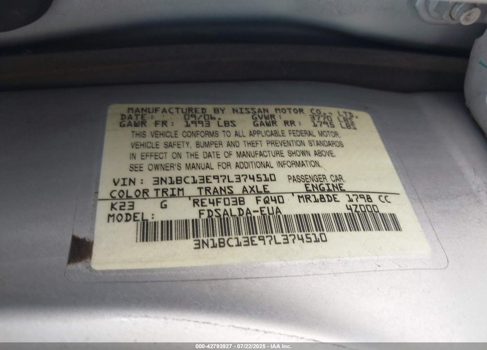2007 NISSAN VERSA VIN: 3N1BC13E97L374510