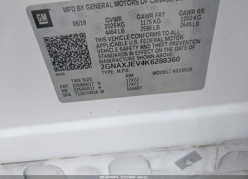 2019 CHEVROLET EQUINOX VIN: 2GNAXJEV4K6288360