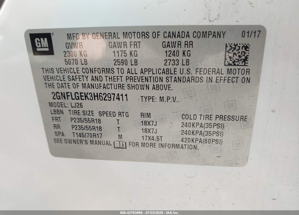 2017 CHEVROLET EQUINOX VIN: 2GNFLGEK3H6297411
