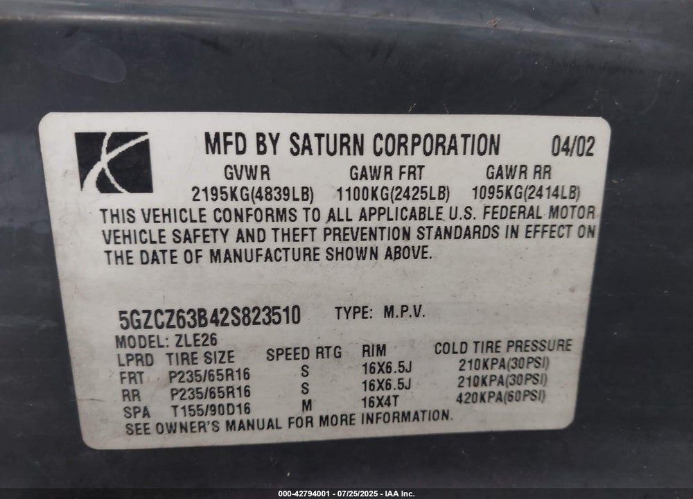 2002 SATURN VUE VIN: 5GZCZ63B42S823510