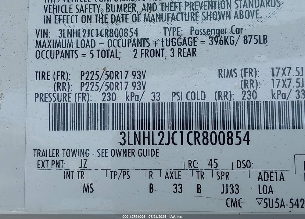 2012 LINCOLN MKZ VIN: 3LNHL2JC1CR800854