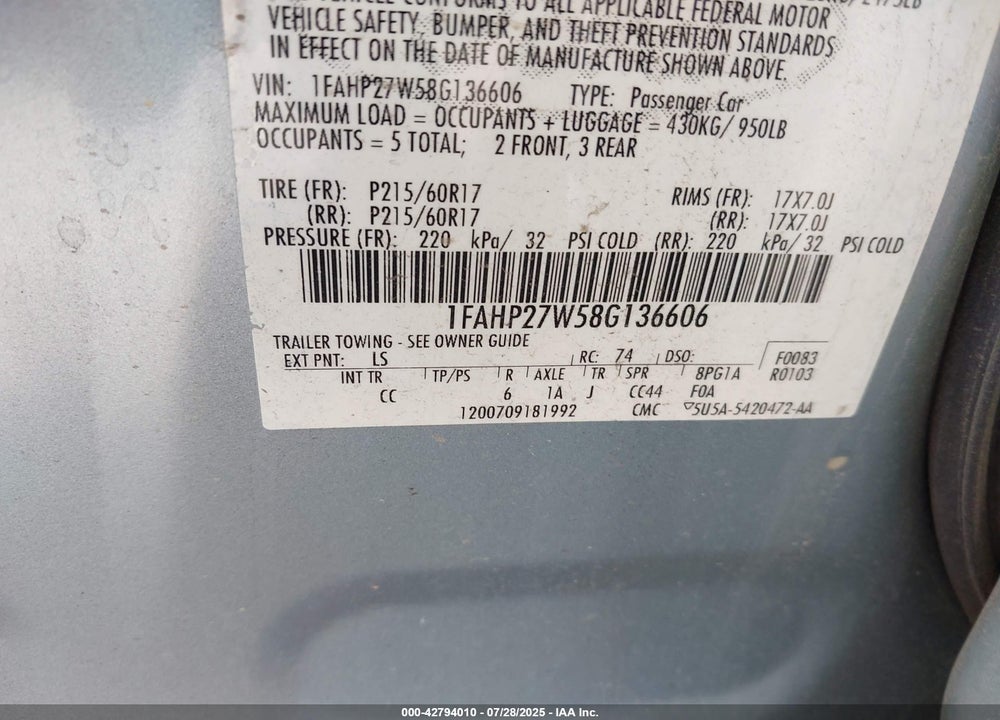 2008 FORD TAURUS VIN: 1FAHP27W58G136606