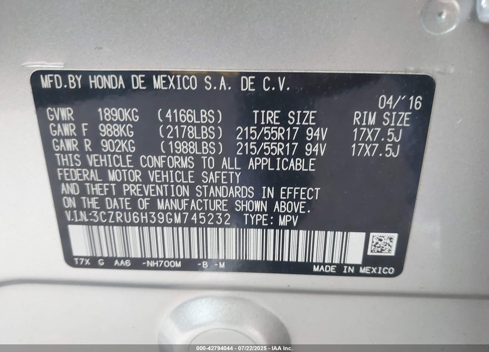 2016 HONDA HR-V VIN: 3CZRU6H39GM745232