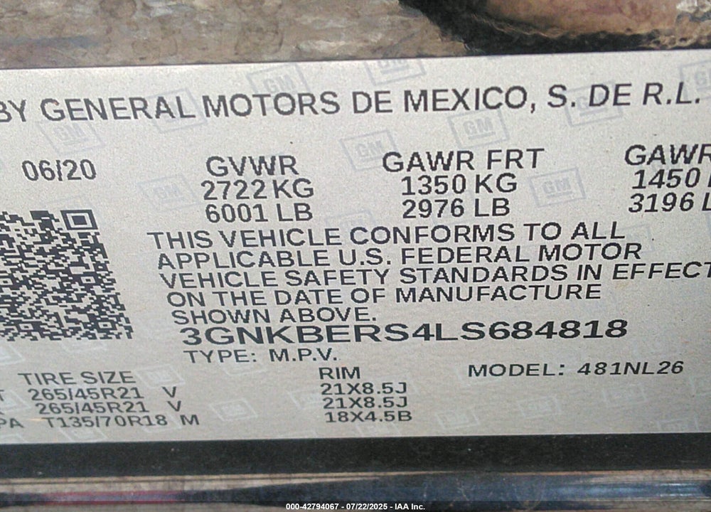 2020 CHEVROLET BLAZER VIN: 3GNKBERS4LS684818