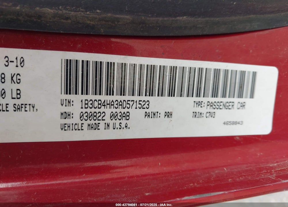 2010 DODGE CALIBER VIN: 1B3CB4HA3AD571523