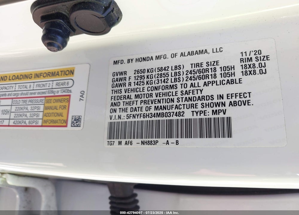 2021 HONDA PILOT VIN: 5FNYF6H34MB037482