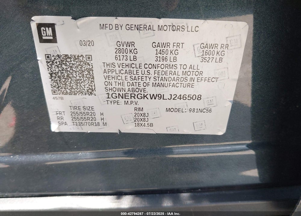 2020 CHEVROLET TRAVERSE VIN: 1GNERGKW9LJ246508