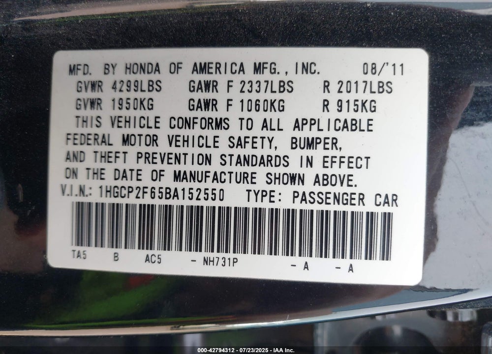 2011 HONDA ACCORD VIN: 1HGCP2F65BA152550