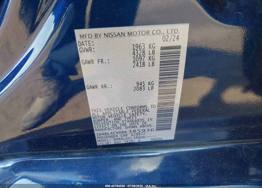 2024 NISSAN ALTIMA VIN: 1N4BL4CV0RN385936