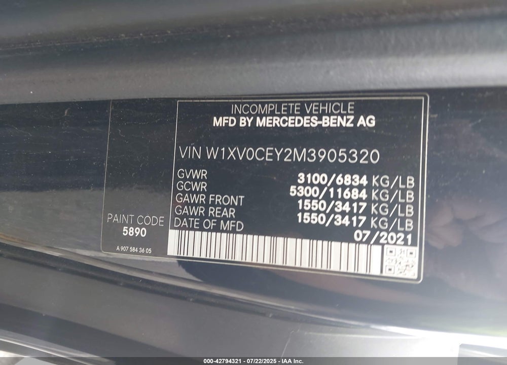 2021 MERCEDES-BENZ METRIS VIN: W1XV0CEY2M3905320