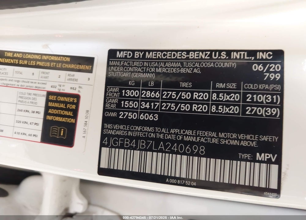 2020 MERCEDES-BENZ GLE CLASS VIN: 4JGFB4JB7LA240698
