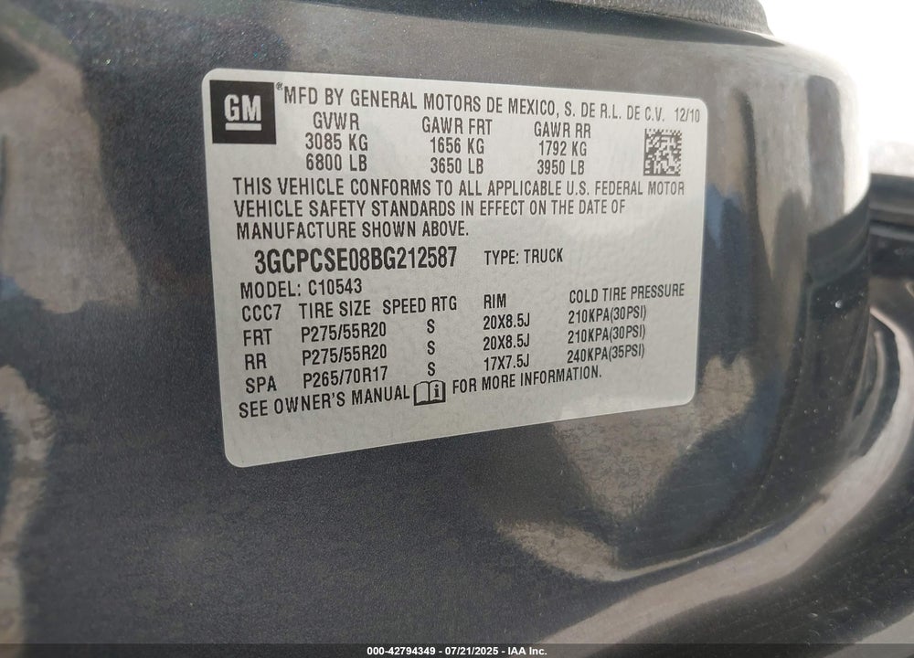 2011 CHEVROLET SILVERADO 1500 VIN: 3GCPCSE08BG212587