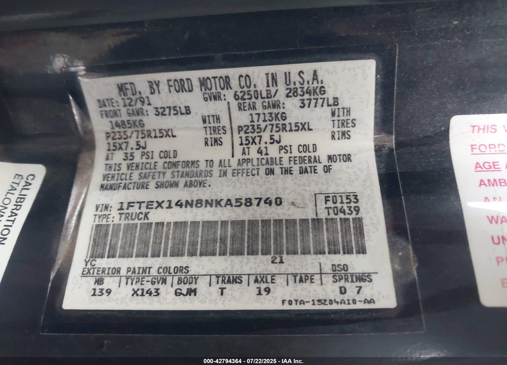 1992 FORD F150 VIN: 1FTEX14N8NKA58740