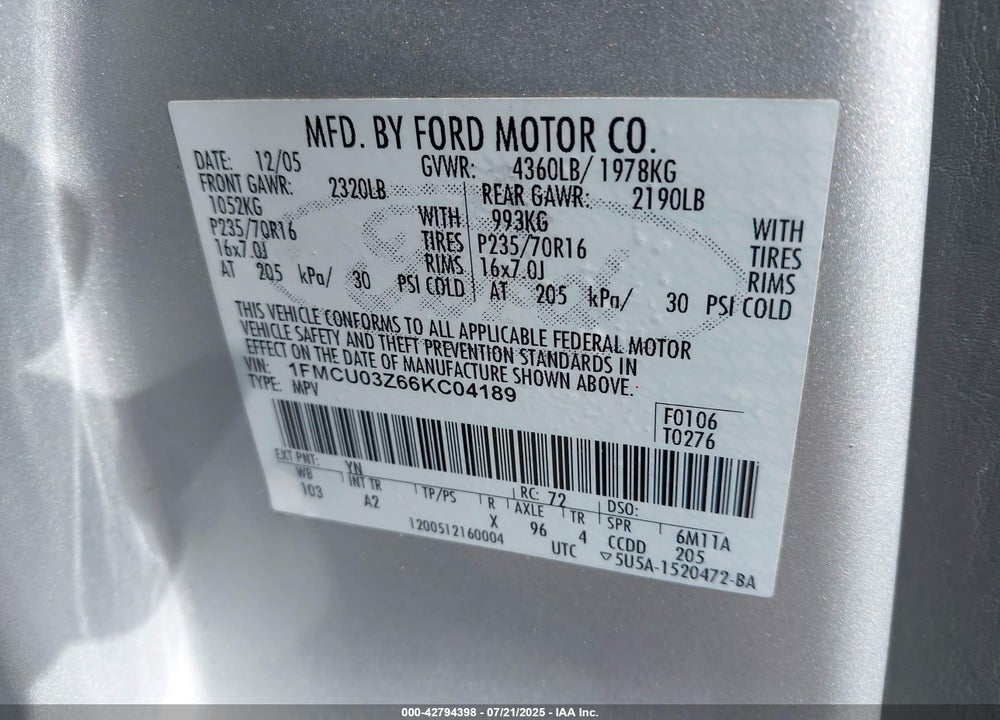 2006 FORD ESCAPE VIN: 1FMCU03Z66KC04189