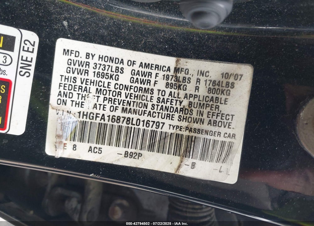 2008 HONDA CIVIC EX VIN: 1HGFA16878L016797
