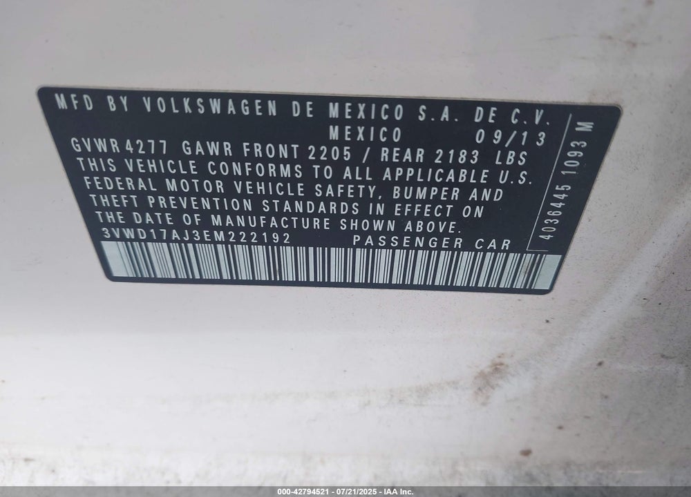 2014 VOLKSWAGEN JETTA VIN: 3VWD17AJ3EM222192