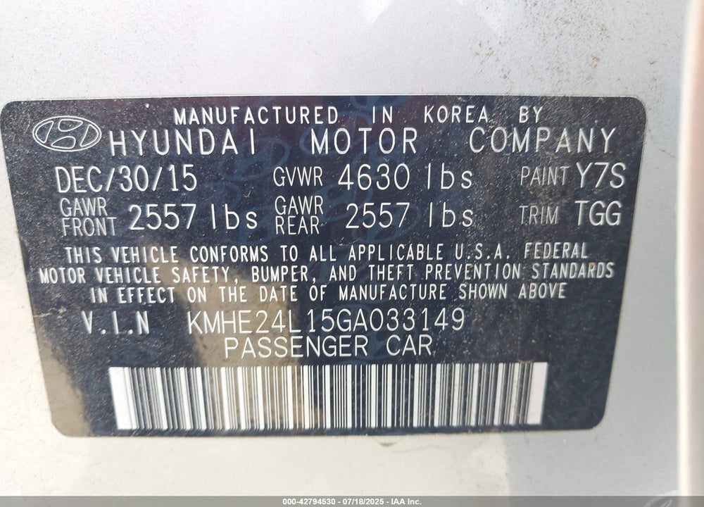 2016 HYUNDAI SONATA HYBRID VIN: KMHE24L15GA033149