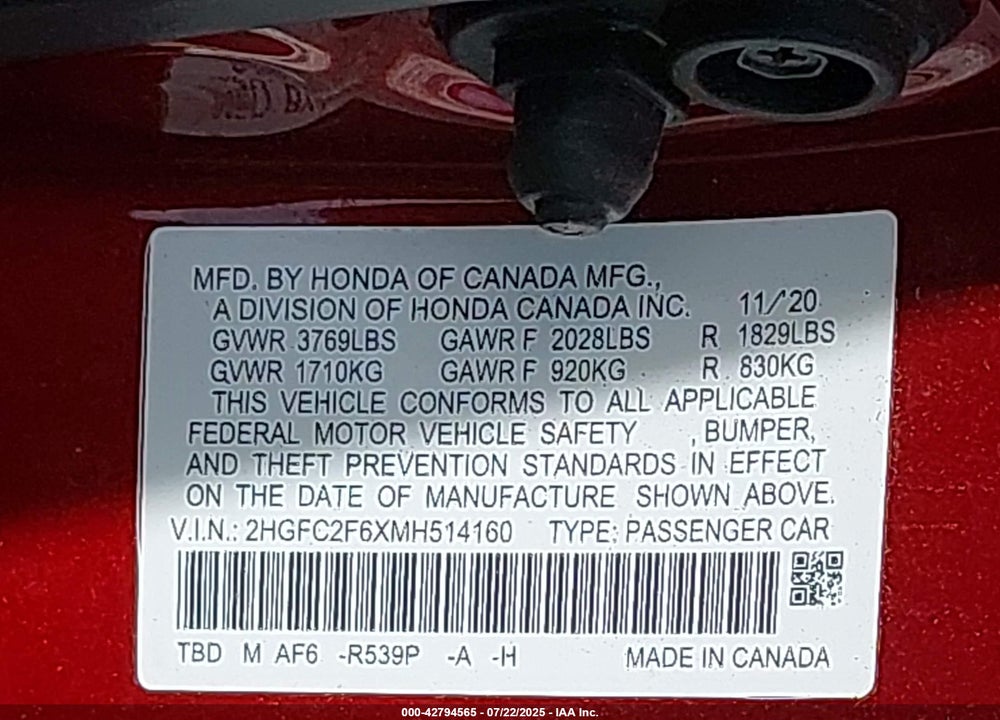 2021 HONDA CIVIC VIN: 2HGFC2F6XMH514160