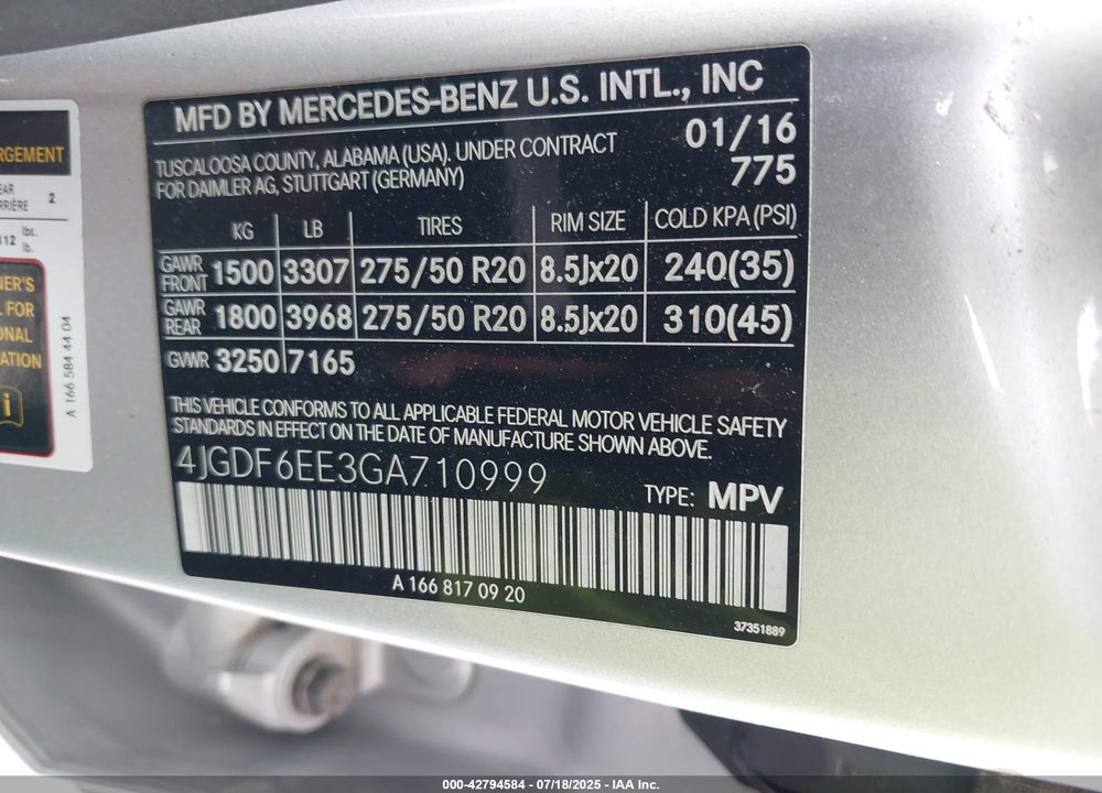 2016 MERCEDES-BENZ GL-CLASS VIN: 4JGDF6EE3GA710999