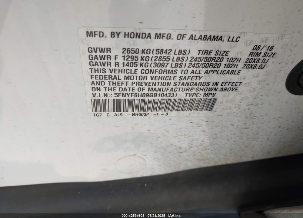 2016 HONDA PILOT VIN: 5FNYF6H09GB104331